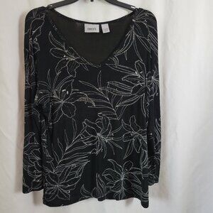 Chico's Travelers Sz (2) 12 Medium black white pullover blouse floral stretchy